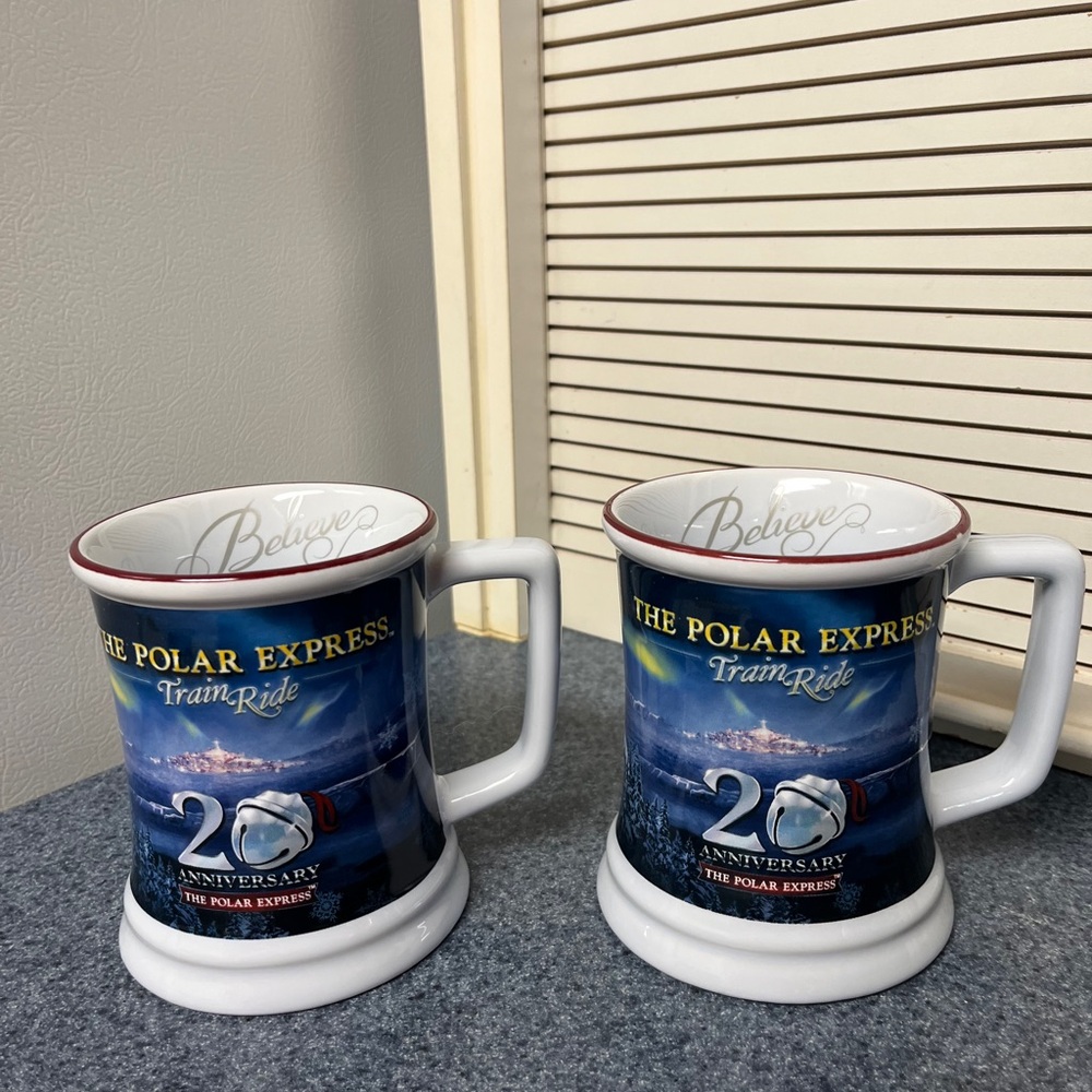 Polar Express 20th Anniversary Mug Set of 2 White and Blue "Believe"